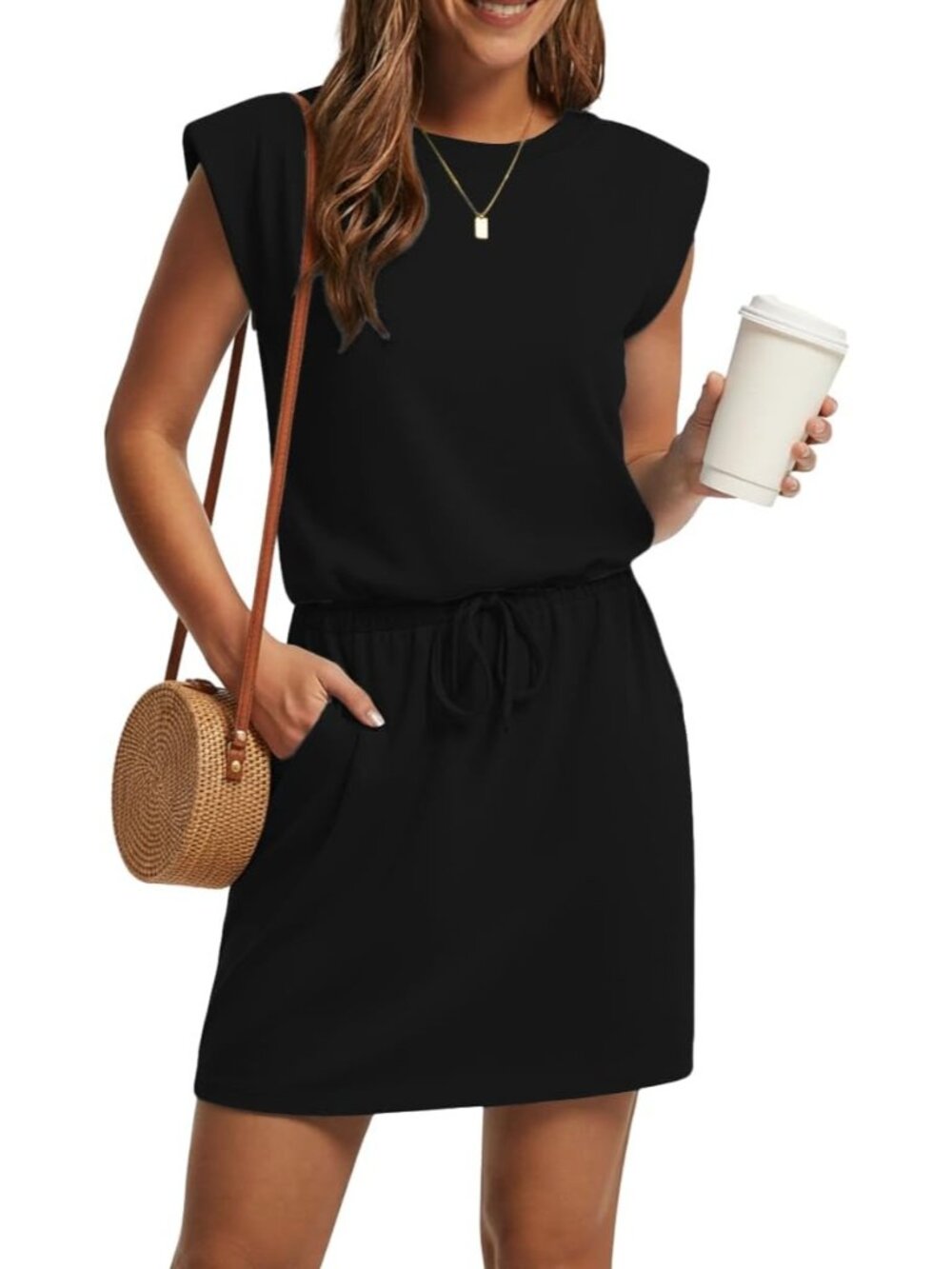 Women's Black Casual Cap Sleeve Crew Neck Drawstring Waist Mini Beach Dress
